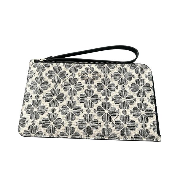 Kate Spade Lucy Spade Flower PVC Medium L-Zip Wristlet Black White KG487 - Picture 1 of 6